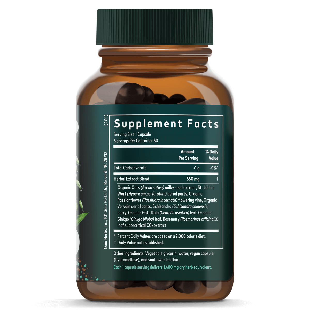 Gaia Herbs Steady Mind (Formerly Emotional Balance) for Stress Support || 60 ct Supplement Facts Bottle Panel