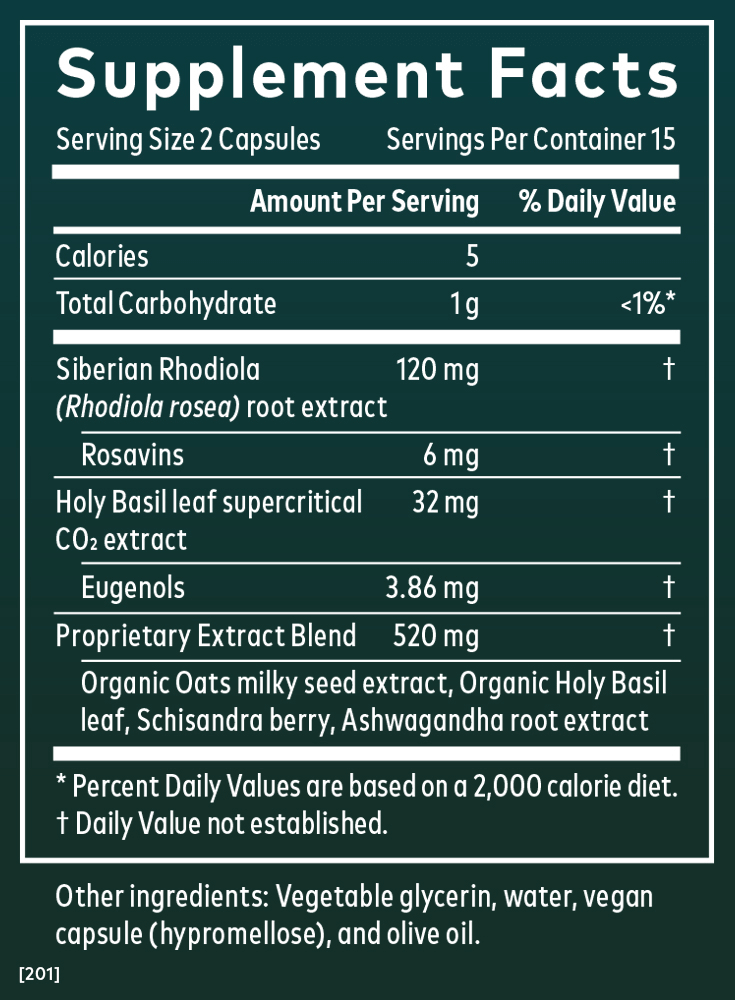 Stress Response 30 count Supplement Facts Panel