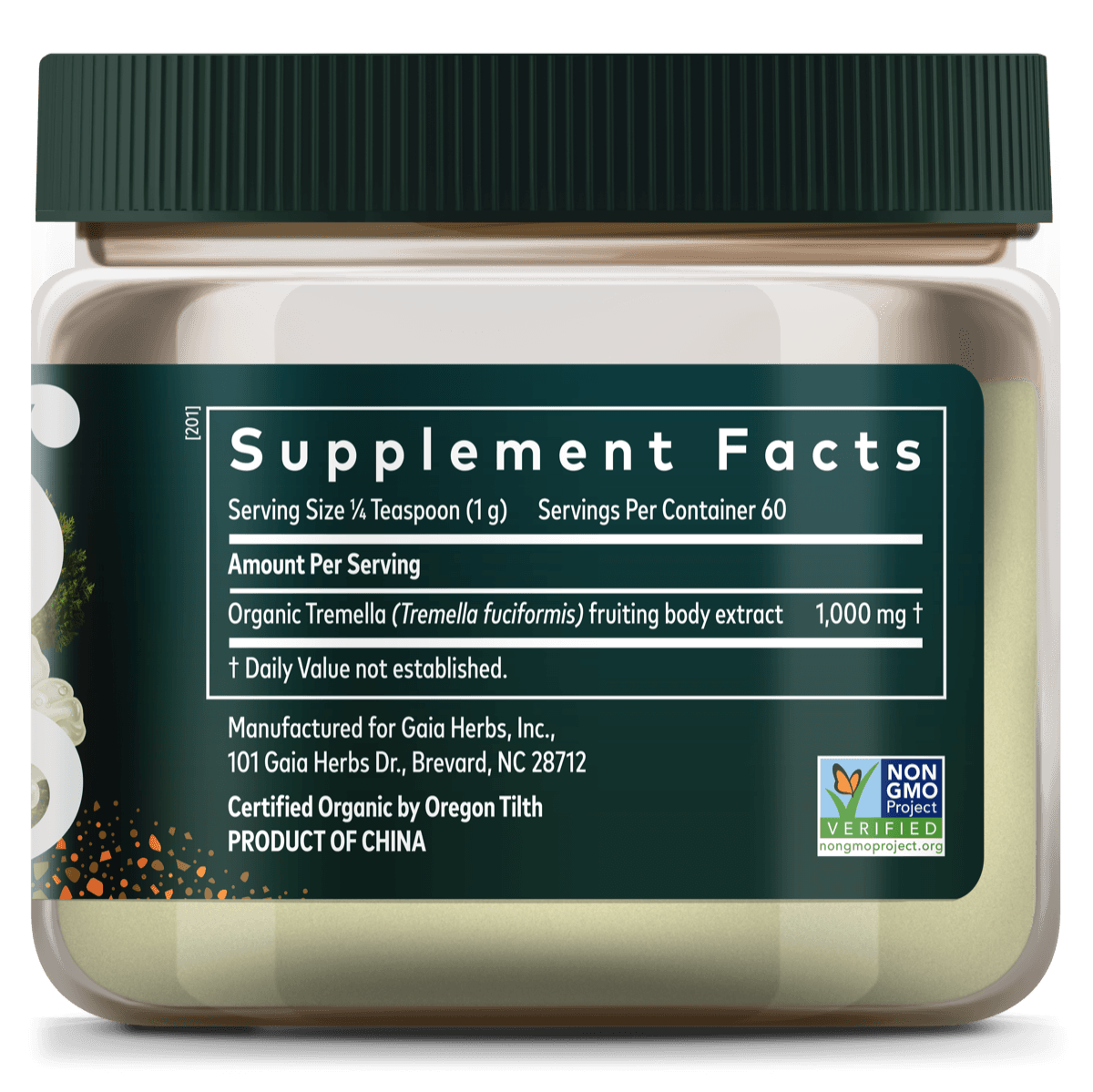 Gaia Herbs Tremella Mushroom Powder 2.12 Oz || Supplement Facts Bottle Panel