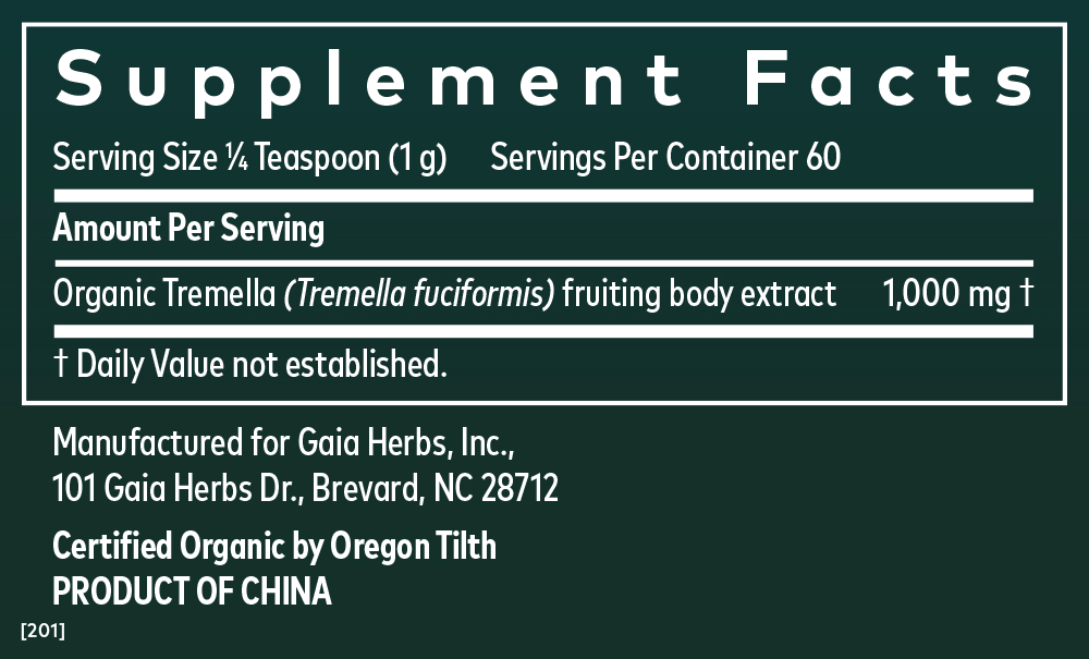 Gaia Herbs Tremella Mushroom Powder 2.12 Oz || Supplement Facts Panel