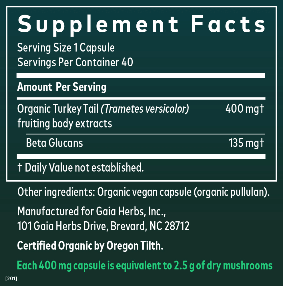Turkey Tail Mushroom 40 ct Supplement Facts Panel