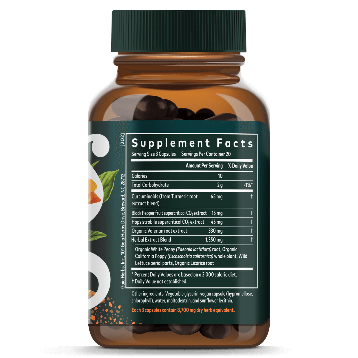 Gaia Herbs Turmeric Supreme Ache PM (formerly Pain P.M.) for Foundational Support || 60 ct Supplement Facts Bottle Panel
