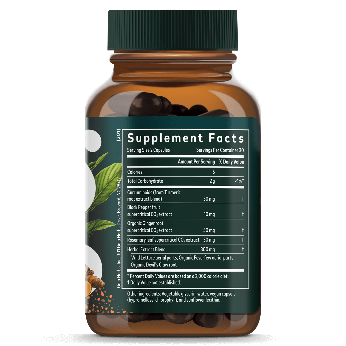 Gaia Herbs Turmeric Supreme Ache for Foundational Support || 60 ct (formerly Turmeric Supreme Pain Support) Supplement Facts Bottle Panel