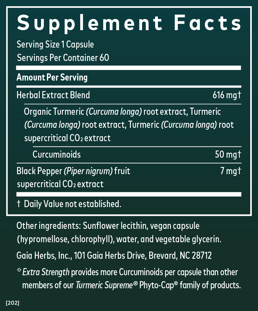 Gaia Herbs Turmeric Pills for Foundational Support || 60 count Supplement Facts Panel