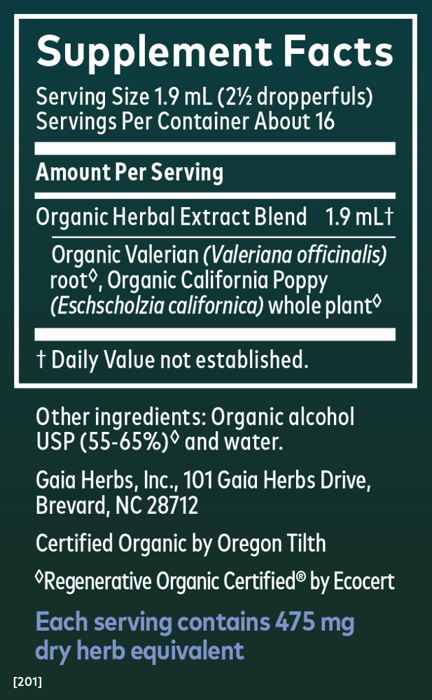 Gaia Herbs Valerian & Poppy Extract, Certified Organic for Sleep Support || 1 oz Supplement Facts Panel