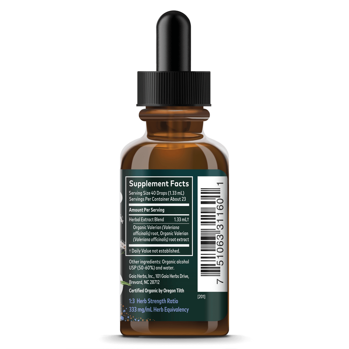 Gaia Herbs Valerian Root, Certified Organic for Sleep Support || 1oz Supplement Facts Bottle Panel