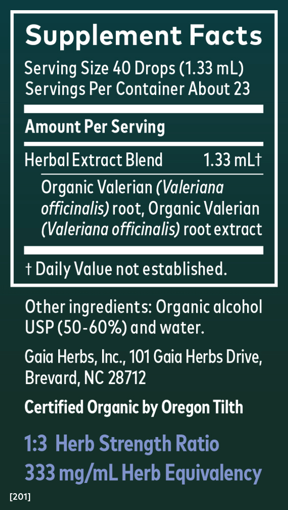 Gaia Herbs Valerian Root, Certified Organic for Sleep Support || 1oz Supplement Facts Panel