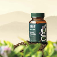 Gaia Herbs Calm A.S.A.P. 60 count supplement bottle on a natural background with plants.