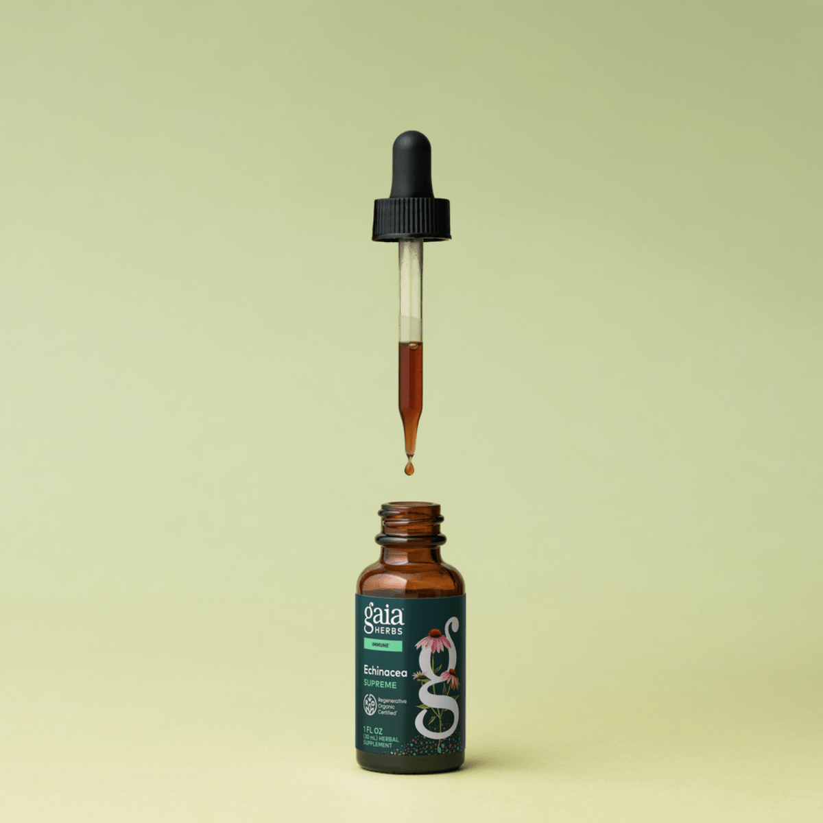 Gaia Herbs Echinacea Supreme tincture bottle with dropper on a light green background
