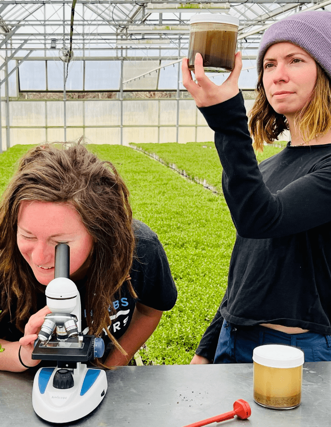 Two people in a greenhouse setting, one using a microscope and the other holding a cup.