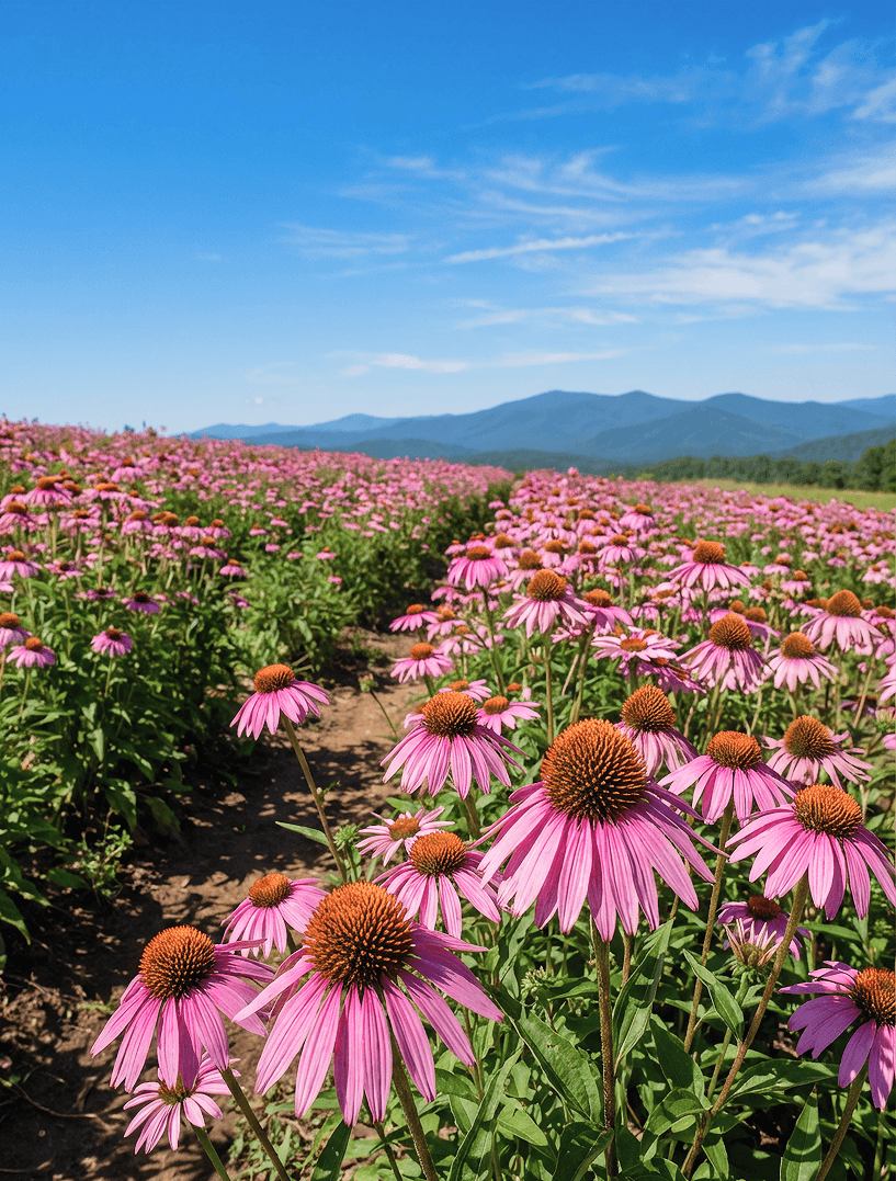 Field of pink flowers with mountains in the background