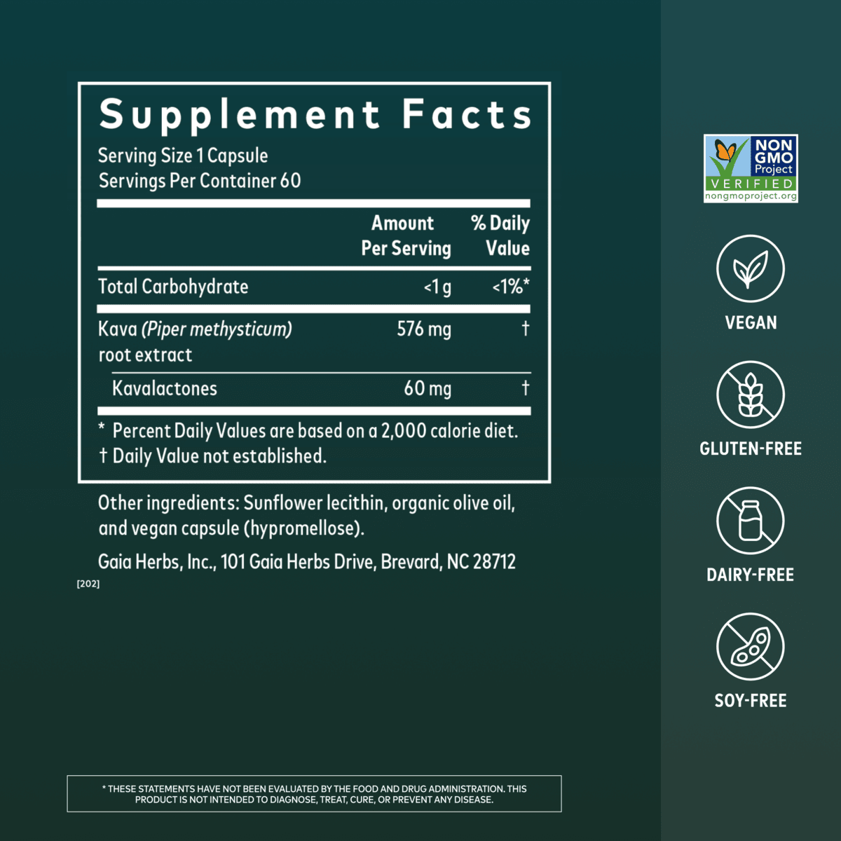 Kava Root 60 Count Supplement Facts Panel