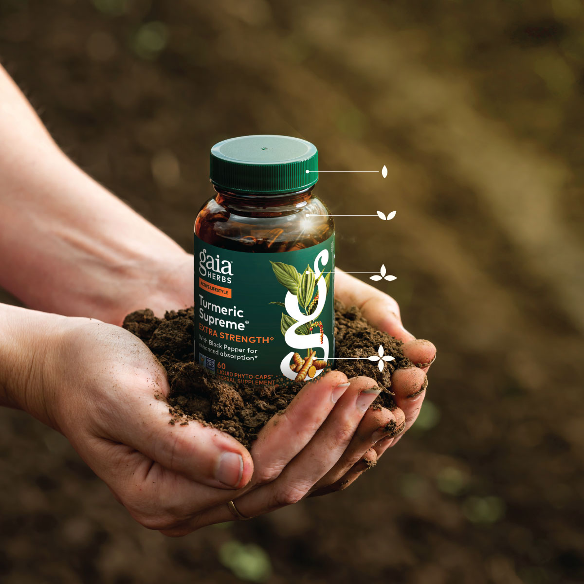 New Label Turmeric Extra Strength Capsules In Hand With Holding Dirt