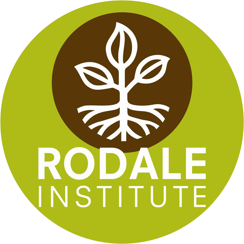 Logo of the Rodale Institute with a brown circle and white leaf design on a green background.