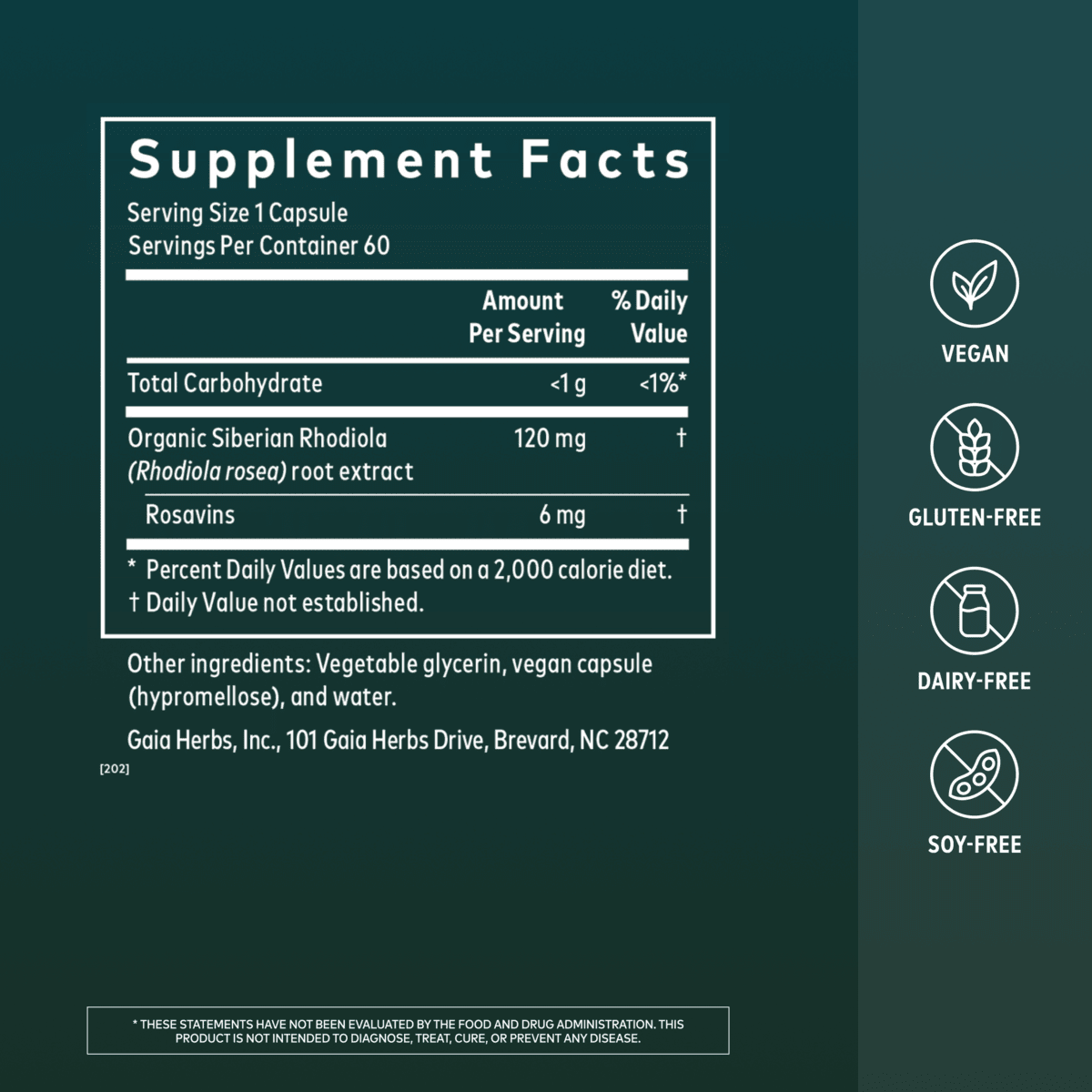 Gaia Herbs Rhodiola Rosea Pills for Stress Support || 60 ct Supplement Facts