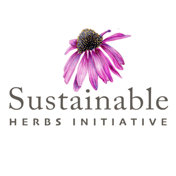 Pink flower with 'Sustainable Herbs Initiative' text on a black background