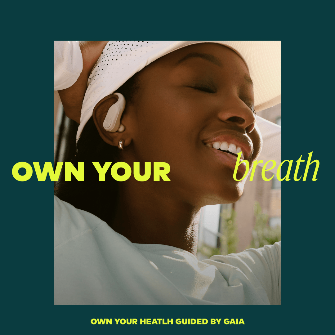 A square promotional graphic with a photo of a smiling woman wearing a white head covering and a white top, set against a dark teal background. Large yellow text reads 'OWN YOUR breath' across the center, and smaller text at the bottom reads 'OWN YOUR HEALTH GUIDED BY GAIA'.