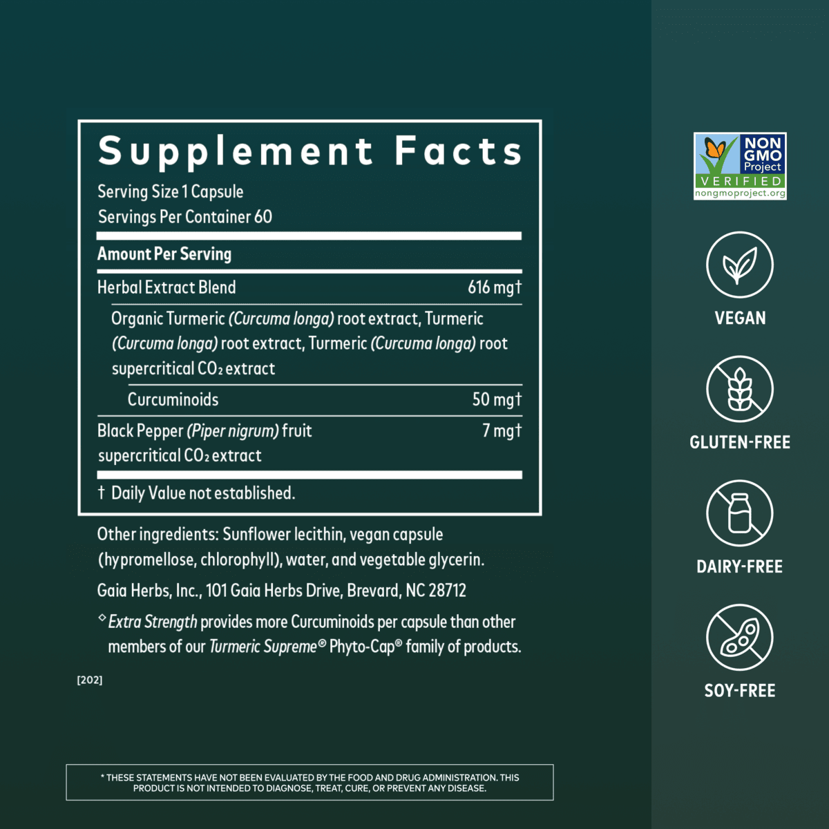 Gaia Herbs Turmeric Pills for Foundational Support || 60 ct Supplement Facts