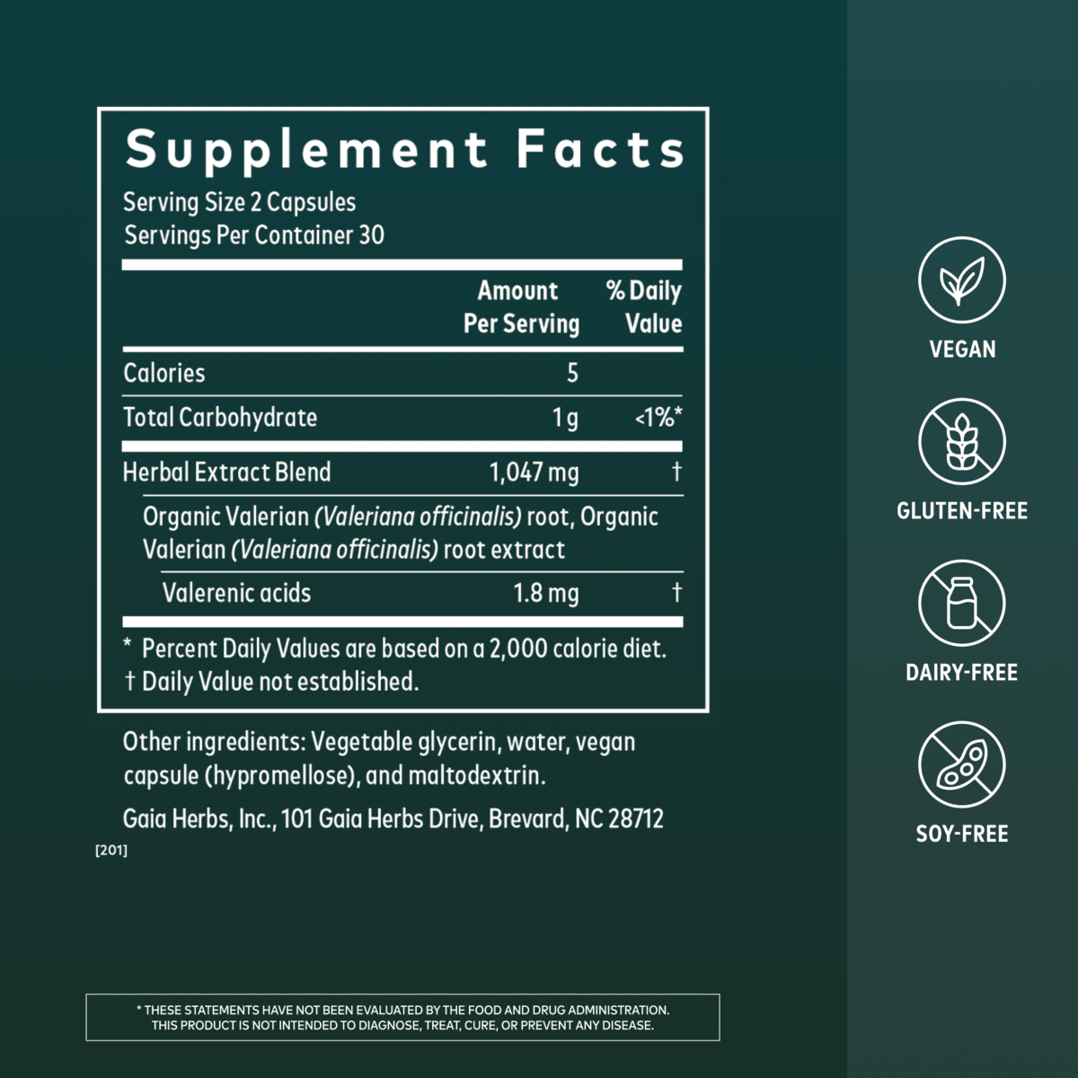 Gaia Herbs Valerian Root Pills for Sleep || 60ct Supplement Facts