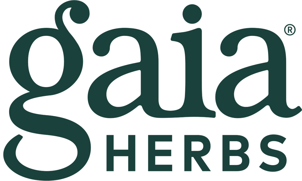 Gaia Herbs logo in teal on a black background