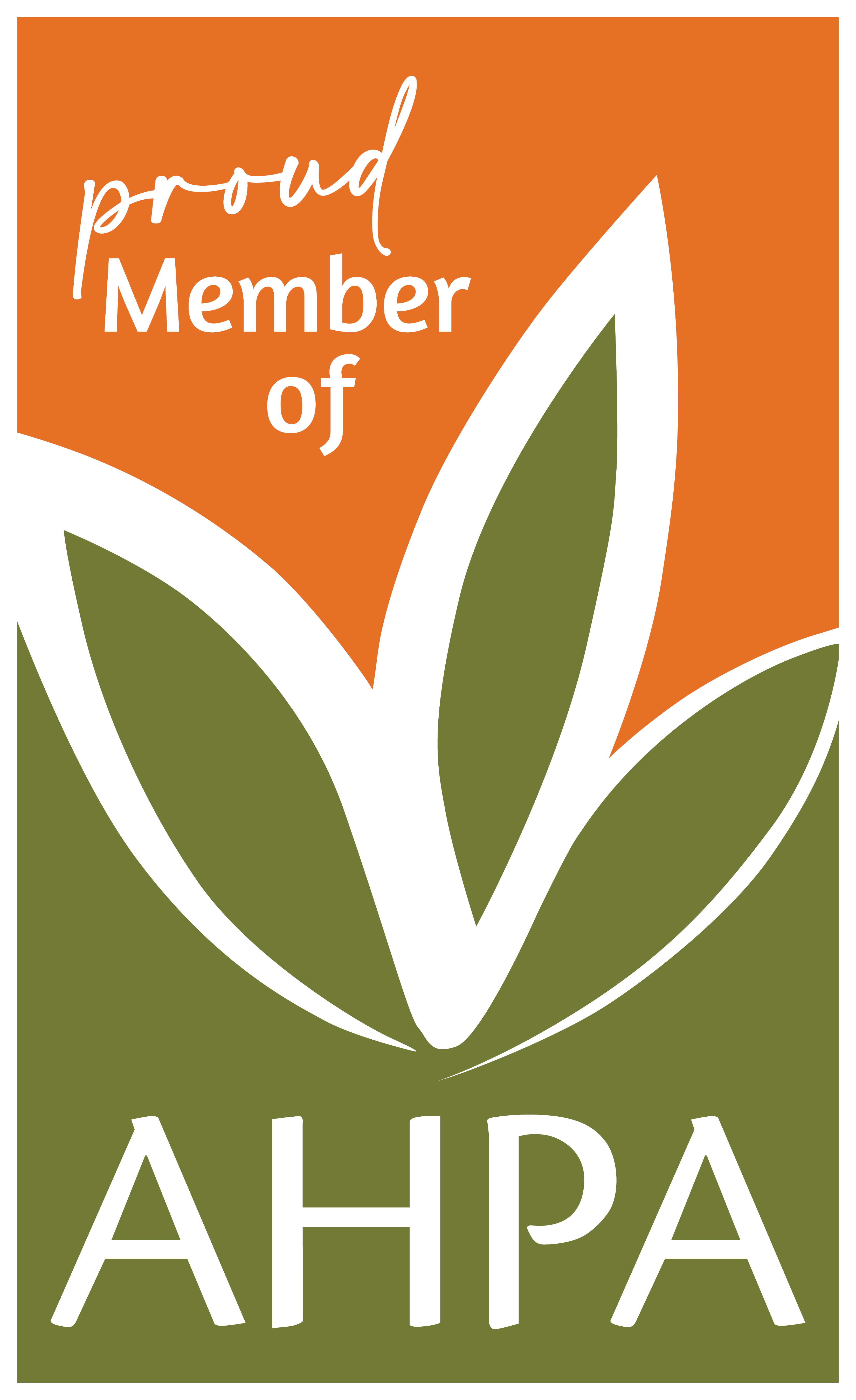 Logo of a proud member of AHPA with green leaves on an orange background